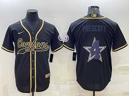 Men%27s Dallas Cowboys #4 Dak Prescott Black Gold Team Big Logo With Patch Cool Base Stitched Baseball Jersey